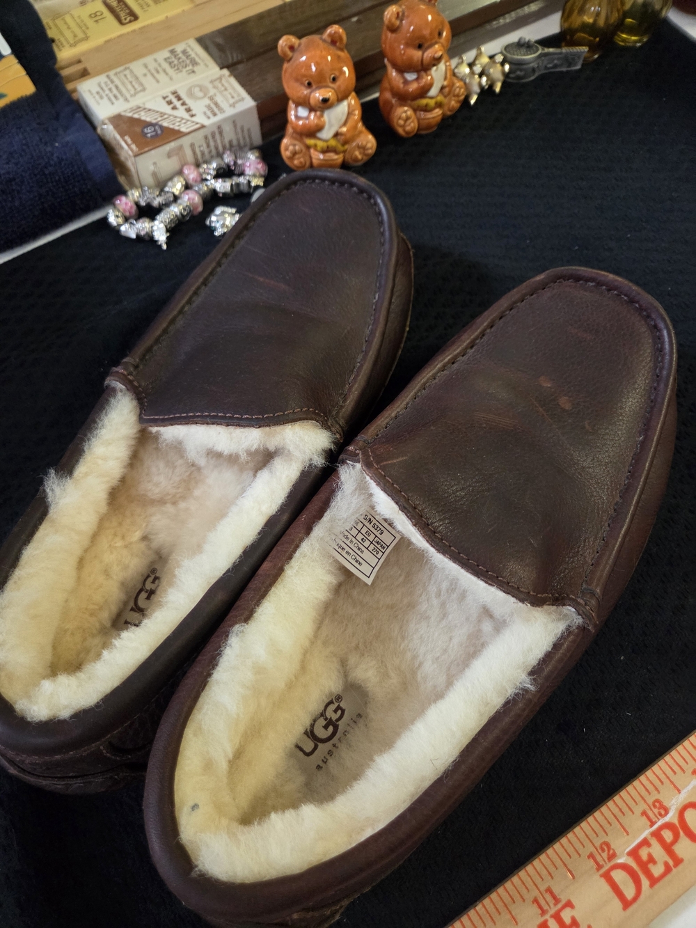 UGG Men's Dark Brown Leather Shearling-Lined Slip-Ons
